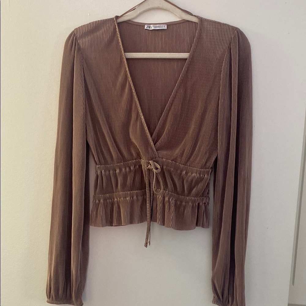 Zara Brown Ribbed Wrap Top